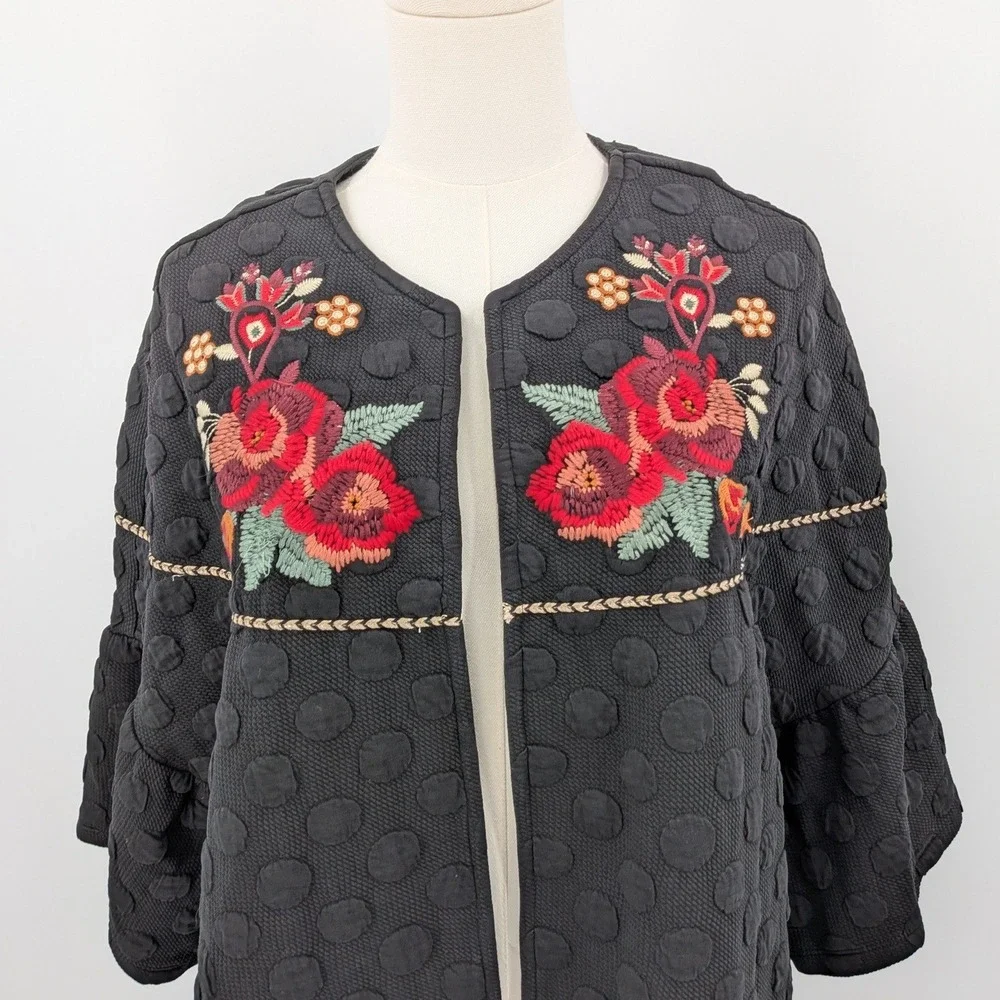 Boho THML‎ Embroidered Floral Dot Open Tunic Jacket Size M Peasant Textured - Picture 6 of 11